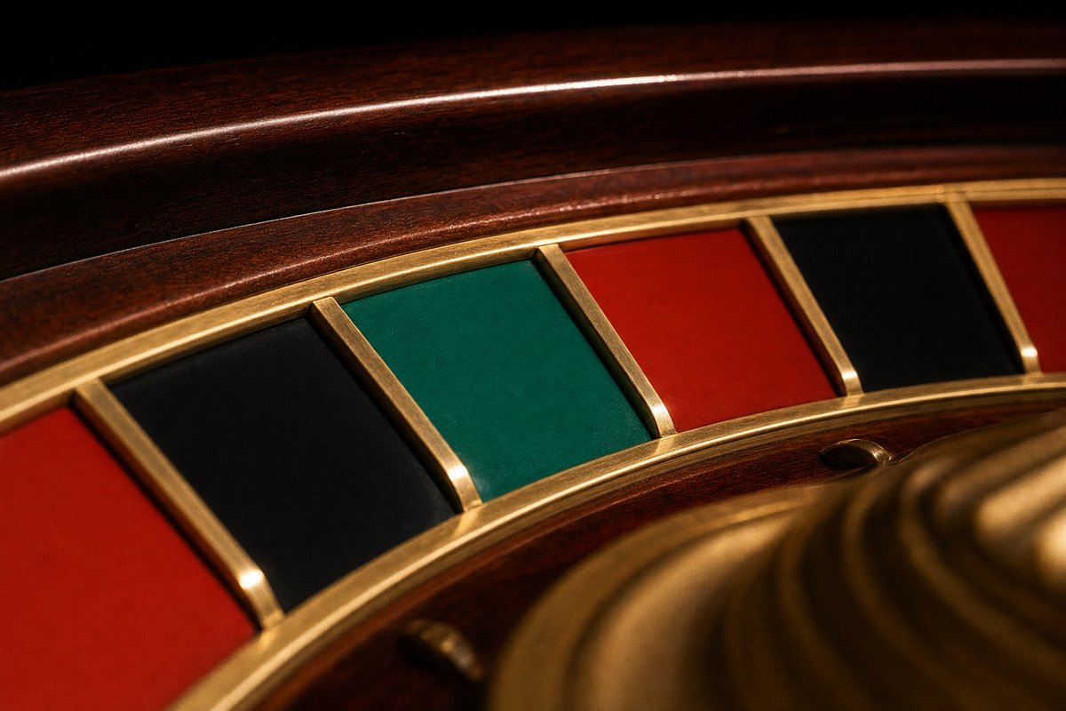 A close view across a roulette wheel, the single green zero pocket at the centre of the frame between red and black pockets divided by polished brass frets