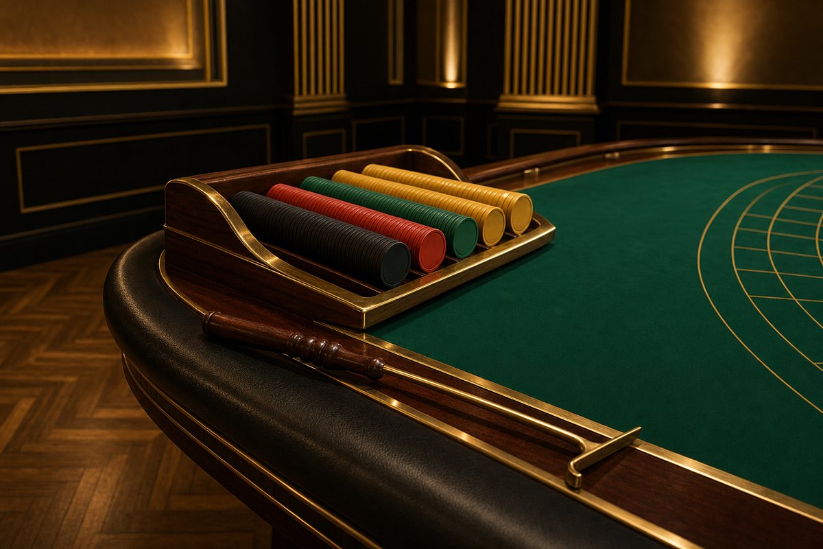 A brass-edged mahogany chip float holding rows of plain lacquered casino chips at the croupier's end of a roulette table, a rake lying across the padded rail