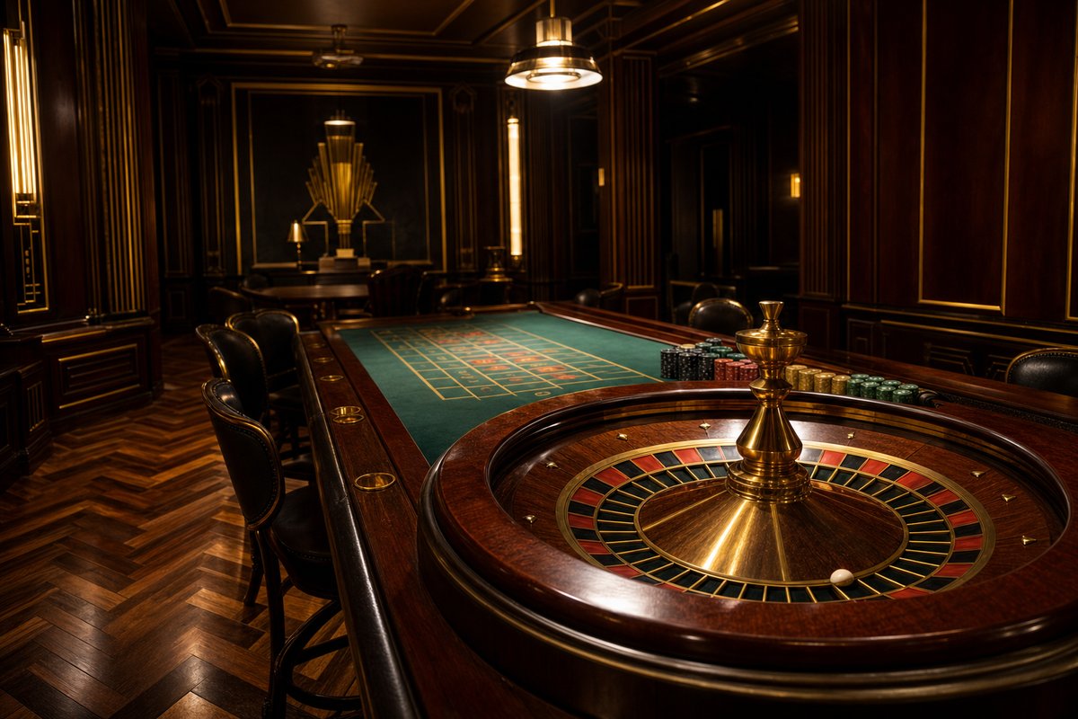 A roulette table in a panelled Art Deco gaming room, the wheel in the foreground with its brass centre cone and red and black pockets, the green betting layout and chip racks receding behind it