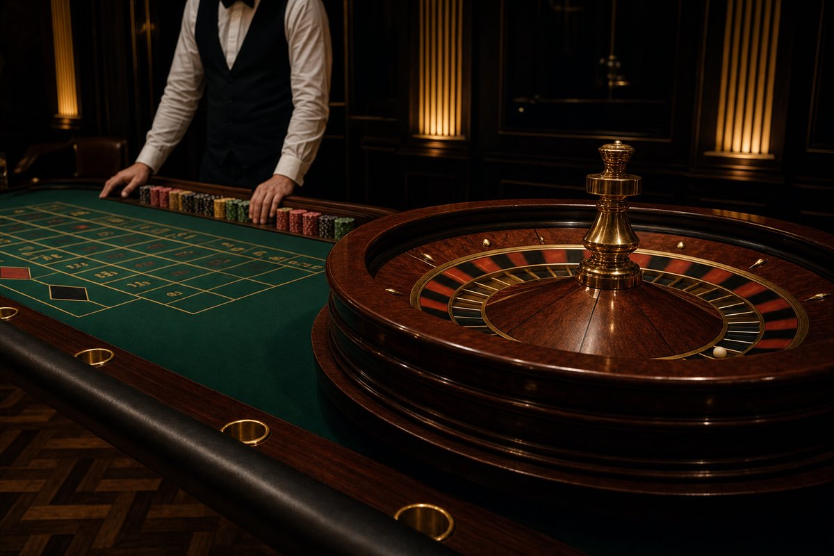 A roulette wheel on a casino table, its brass centre cone and red and black pockets lit from above, with the ball resting in one pocket