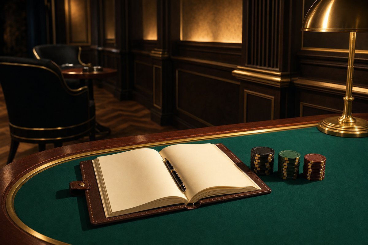 An open ledger and a fountain pen beside three columns of chips on green baize, lit from the left