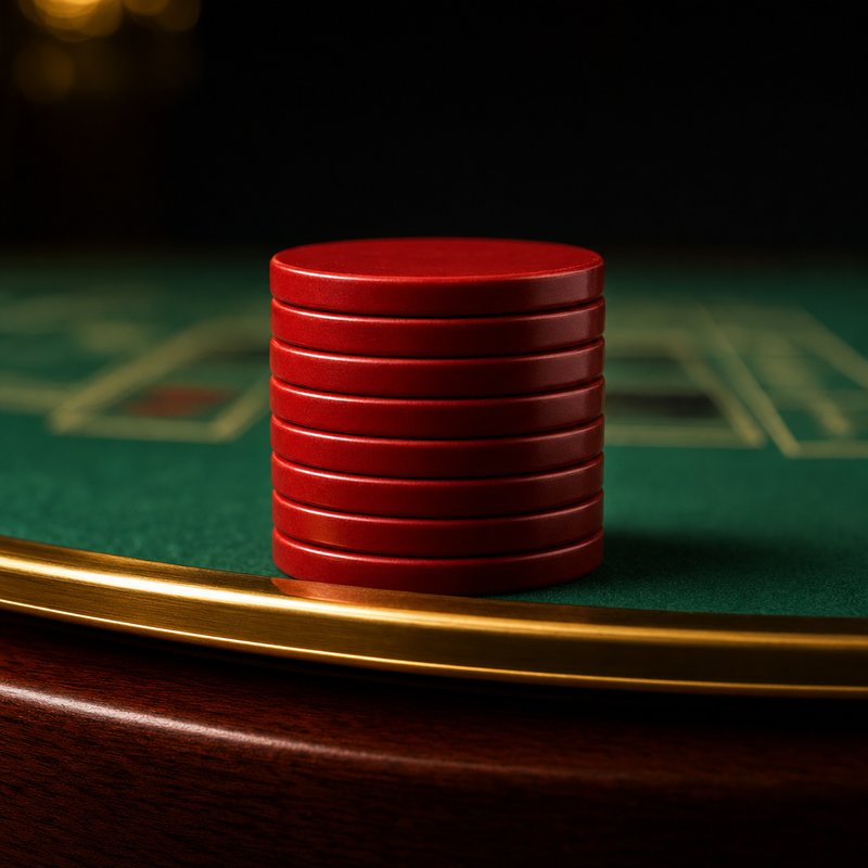 A stack of eight plain red casino chips resting on green felt beside the polished brass edge trim of a roulette table