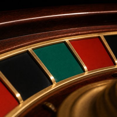 The single green zero pocket of a European roulette wheel, flanked by a black and a red pocket divided by polished brass frets