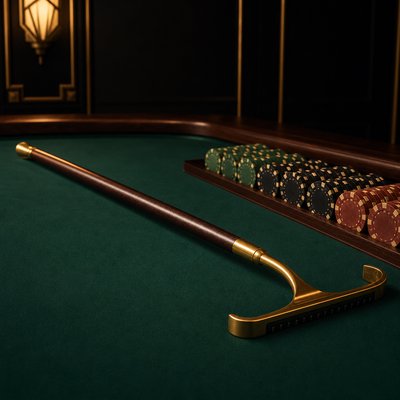 A croupier's rake lying across green baize beside a wooden rack of coloured chips