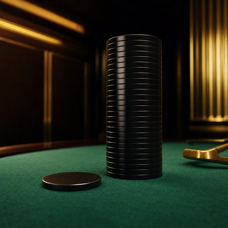 A single plain black casino chip lying flat on green felt beside a tall column of the same chips, the brass tip of a croupier's rake resting at the edge of the frame