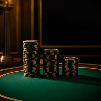 Three columns of casino chips of descending height standing on green baize, lit from the left