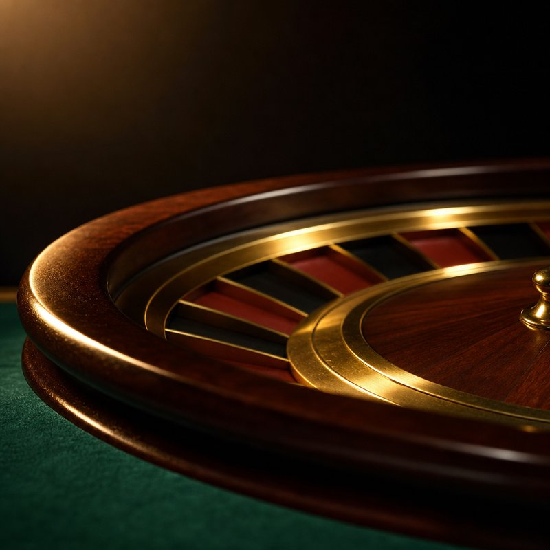 A close view across a roulette wheel's pocket ring, alternating red and black pockets divided by polished brass frets, with the mahogany ball track curving above